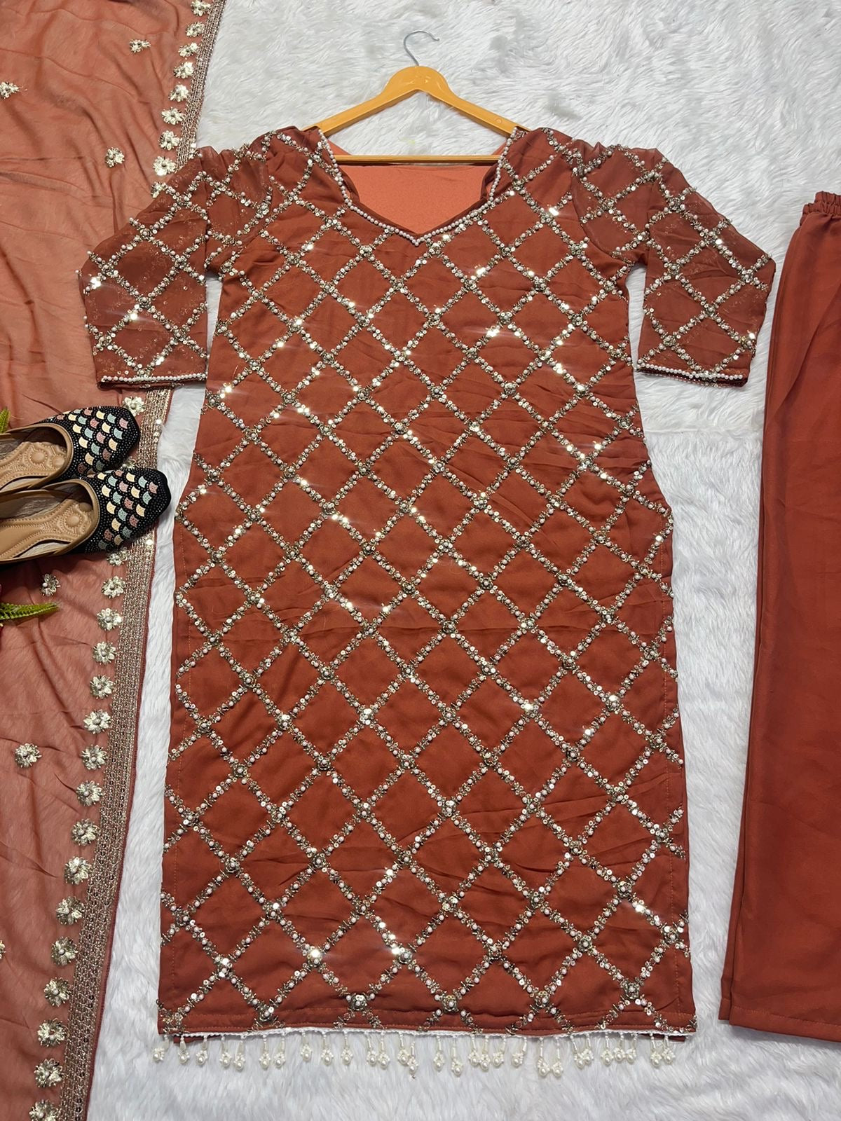 Brick Brown Georgette sequins work trendy Suit readymade