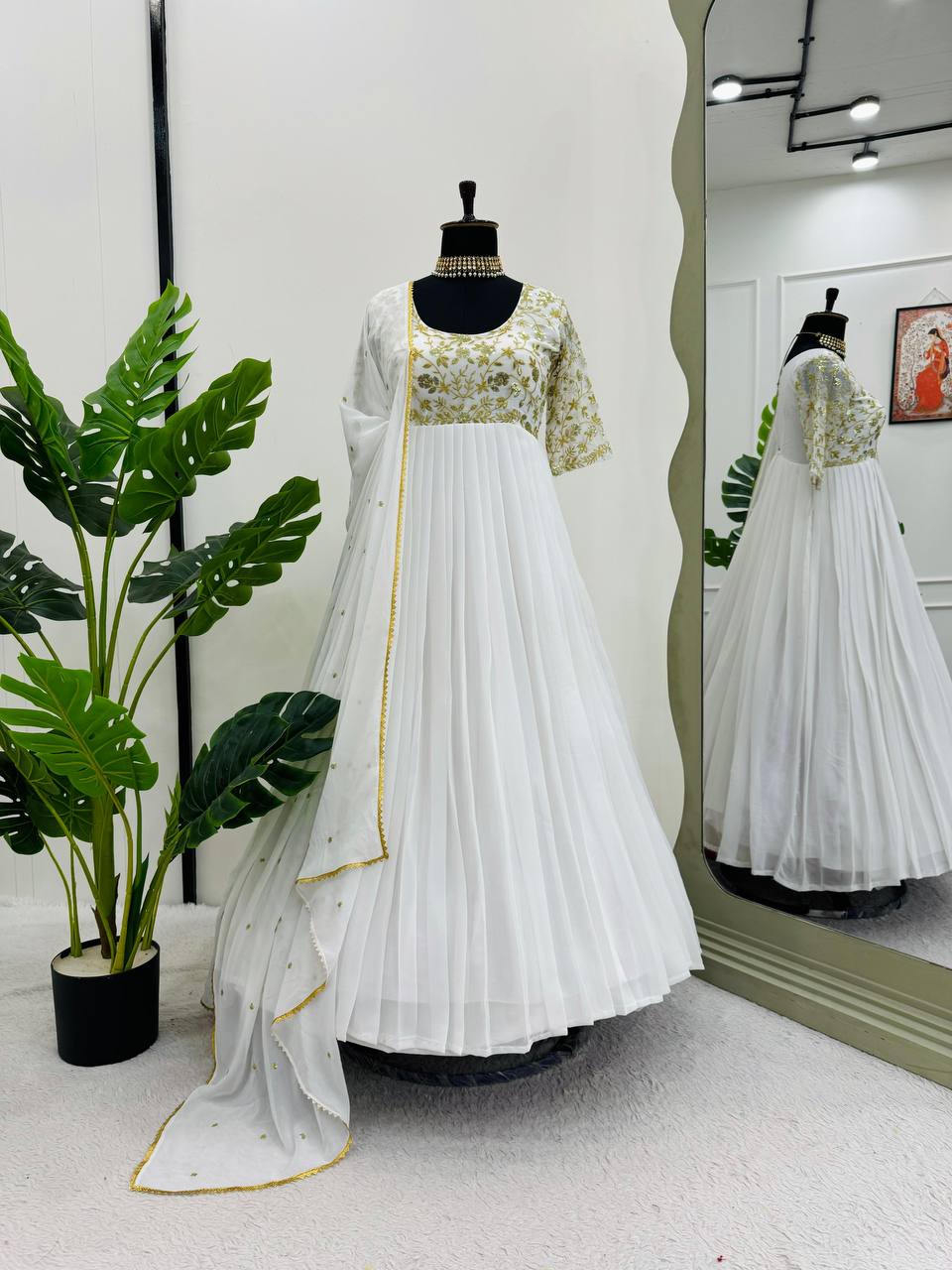 Premium Off White Neck Embroidered Silk Anarkali Dress