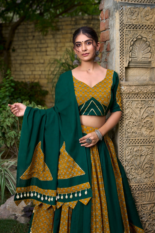 Premium Cotton Mehendi & Green Colour Chaniya Choli with Real Kodi attached Fully Stitched