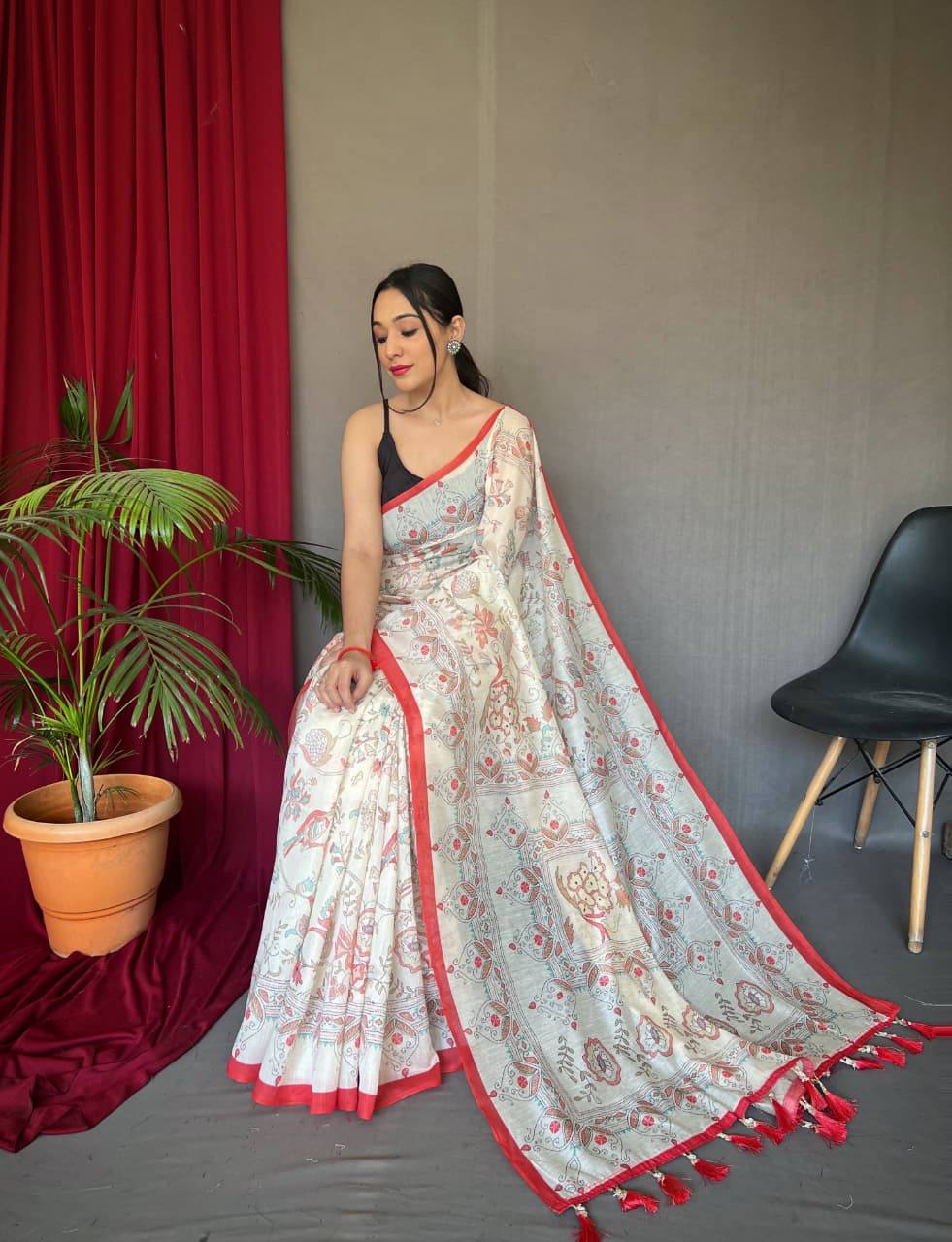 Premium White Cotton Sarees with Katha Prints with Fully Stitched Blouse