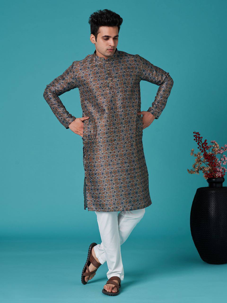 Black Men's traditional indian sequins work with print cotton kurta with pajama