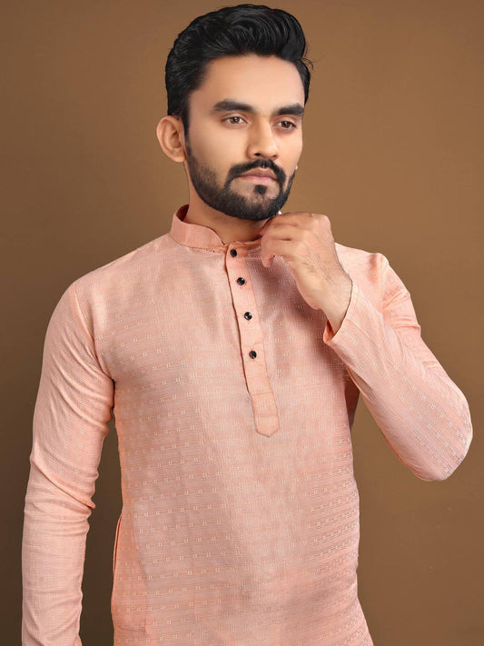Peach Men's kurta Weaving style jaquard fabric with pure Cotton Pajama