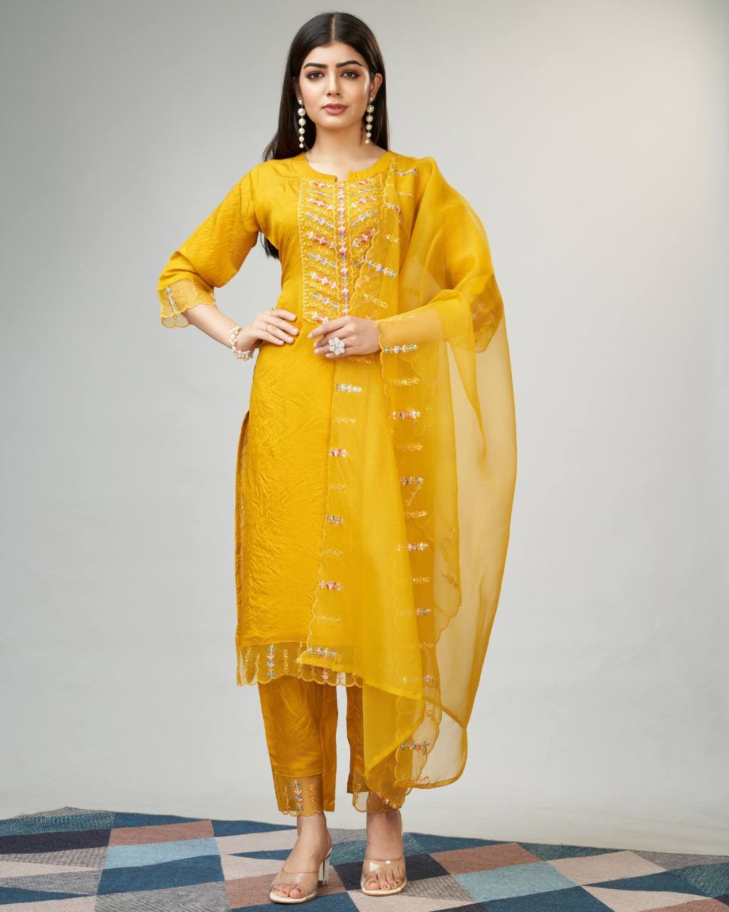 Mustard viscose fabric kurti set