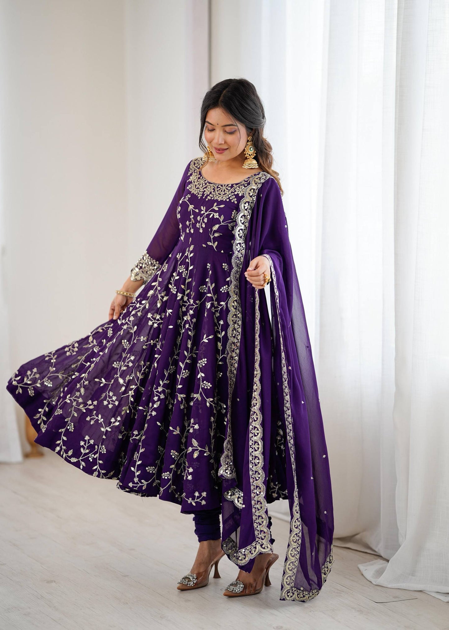 Preeva - Purple Soft Georgette with Full Embroidery Gown Fully Stitched