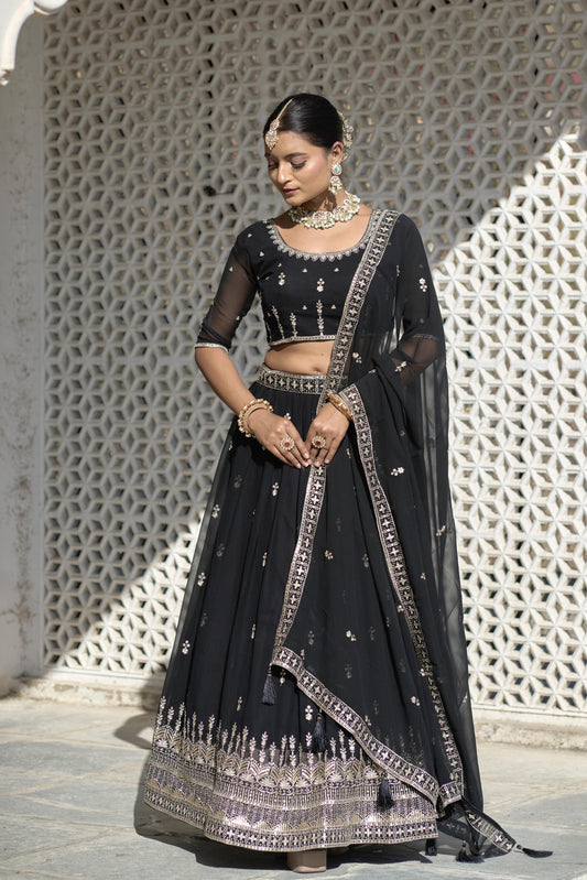 Avantika - Black Pure Georgette Lehenga with Sequins & Embroidery Work