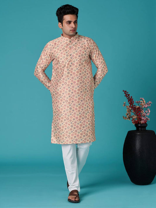 Men's traditional indian ethinic print cotton kurta with pant