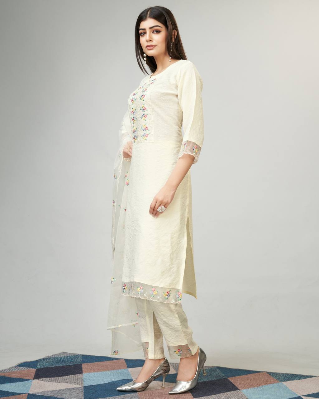 Cream viscose fabric kurti set