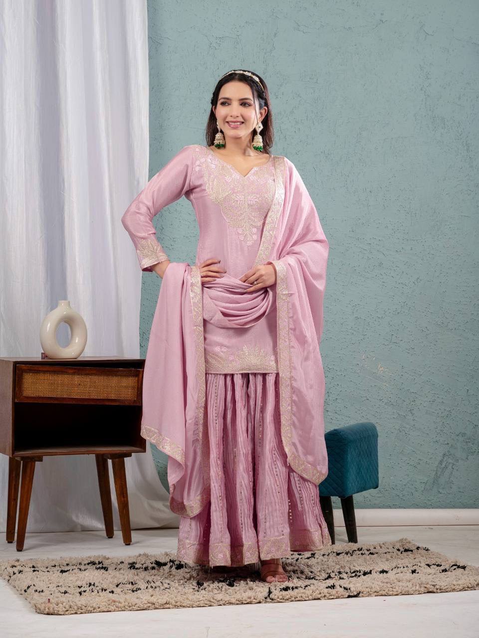 Pure Chinon Silk Embroidered Sharara Set in 4 beautiful Colours Fully Stitched