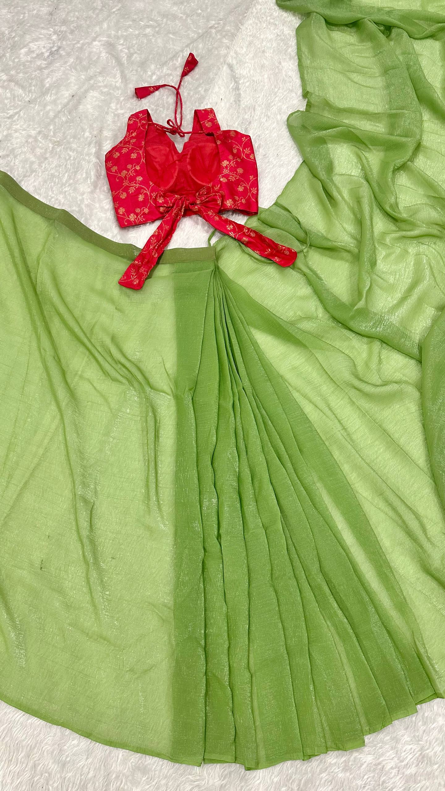 Pista Soft Sparkle Silk Ready to Wear Saree with Stitched Blouse