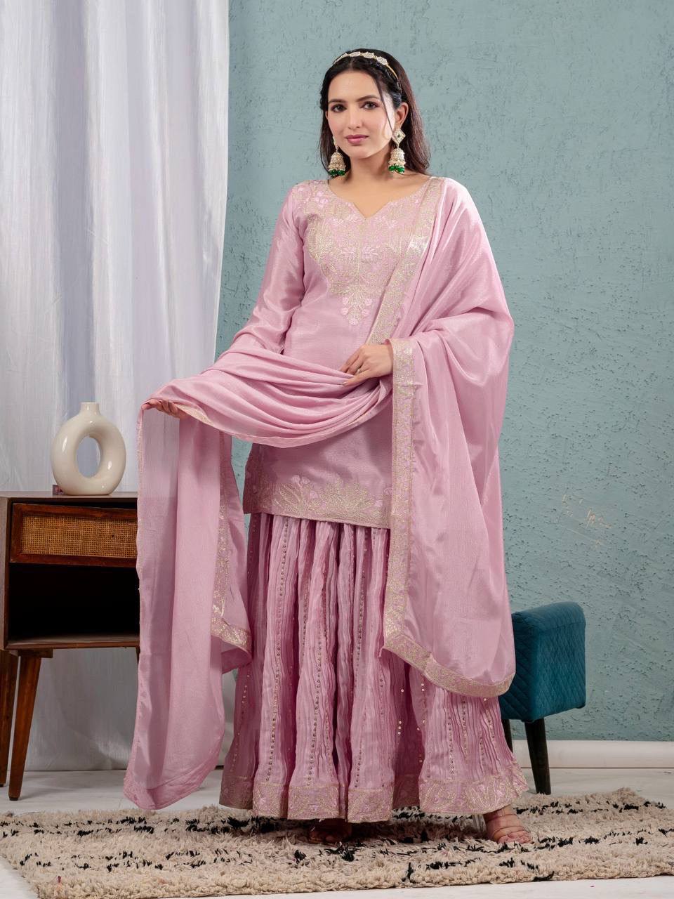 Pure Chinon Silk Embroidered Sharara Set in 4 beautiful Colours Fully Stitched