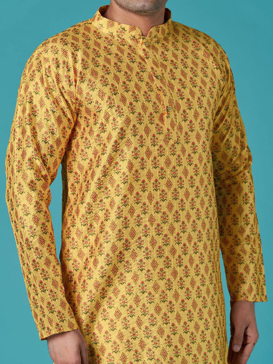Haldi special Mustard Yellow Men's traditional indian sequins work with print cotton kurta with pajama