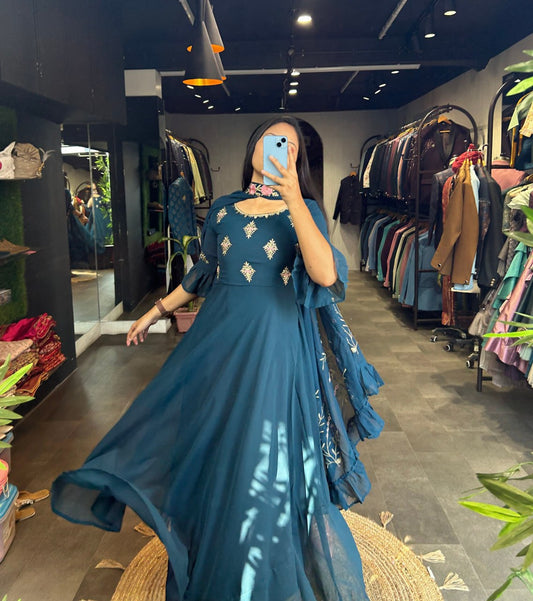 Rama blue gown with shrug fully stitched