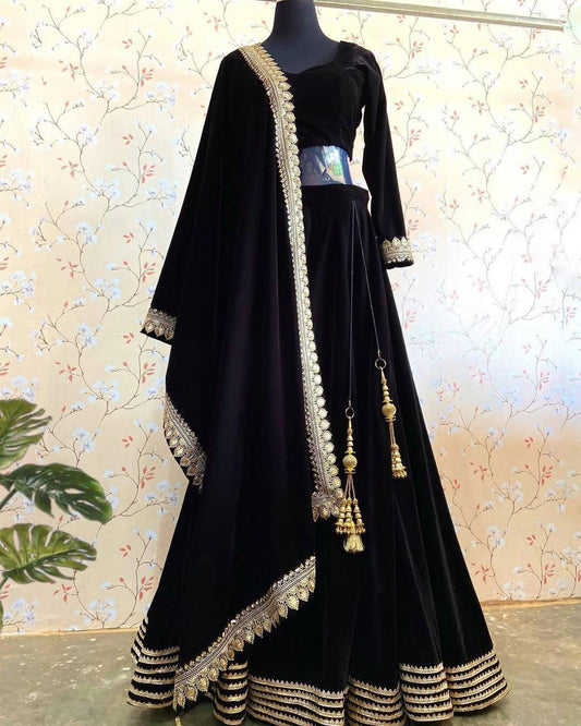Jet Black Velvet Premium fully stitched lehenga