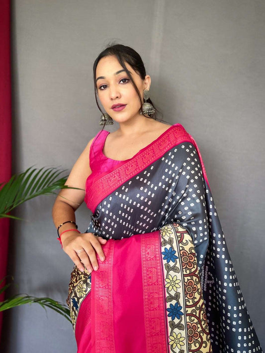 Bandhej with kalamkari print saree & stitched blouse