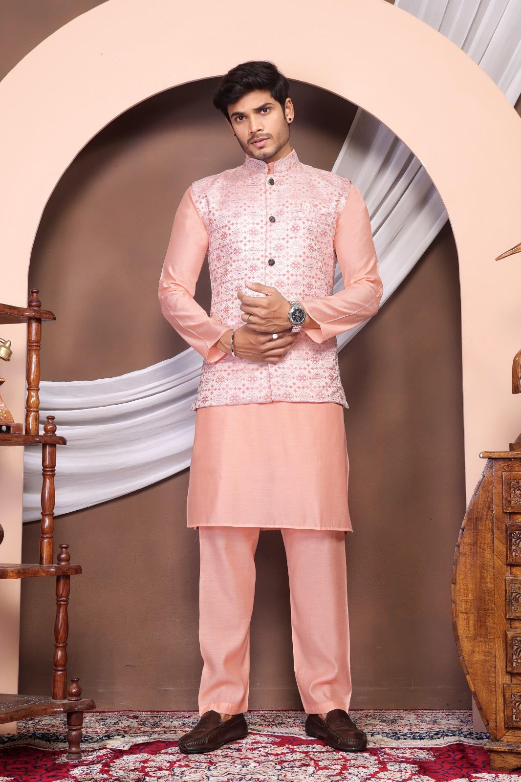 Peach Stylish Kurta with Koti for Wedding & Festive Looks - Men's Wear