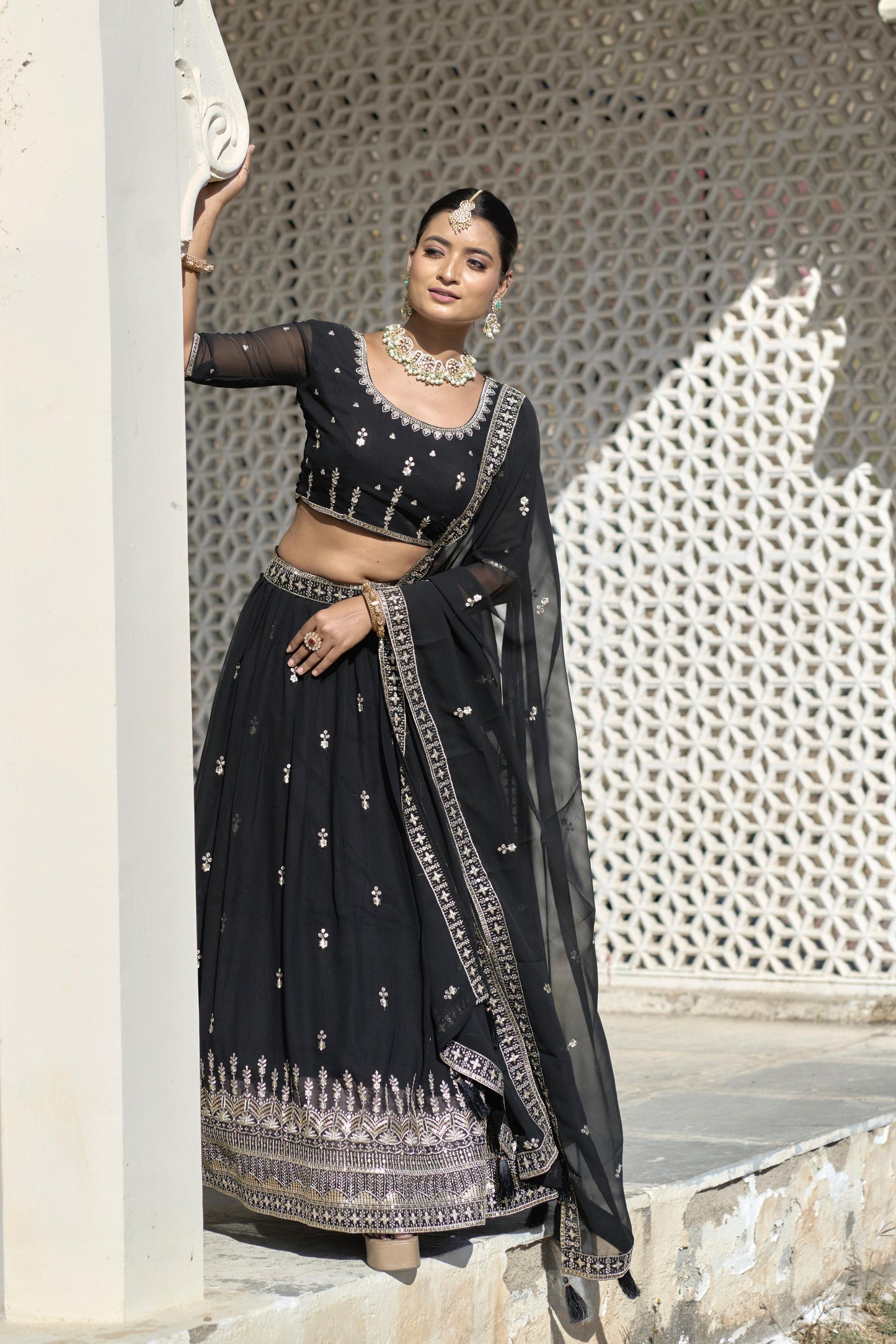 Avantika - Black Pure Georgette Lehenga with Sequins & Embroidery Work