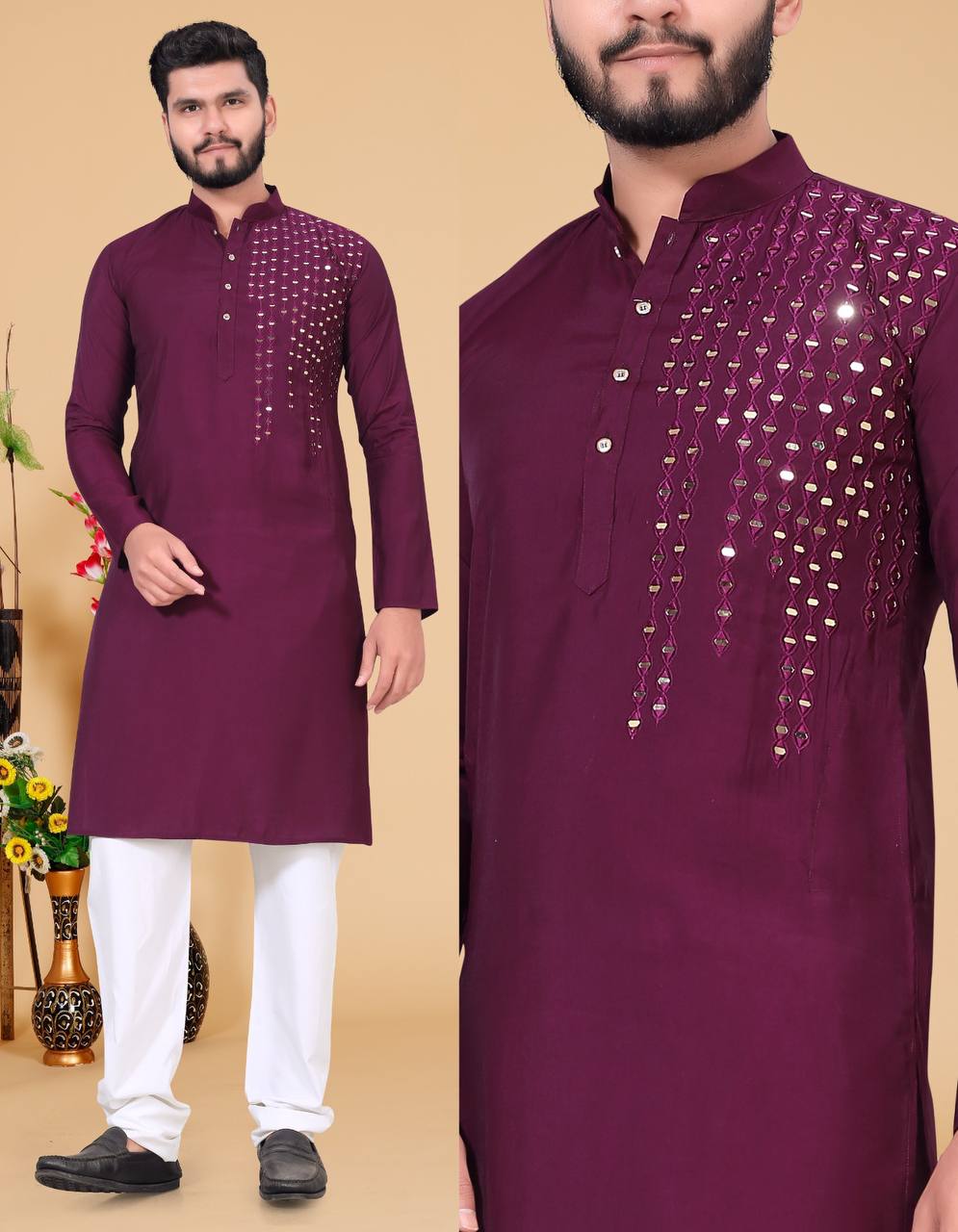 Off set mirror work kurta with pant