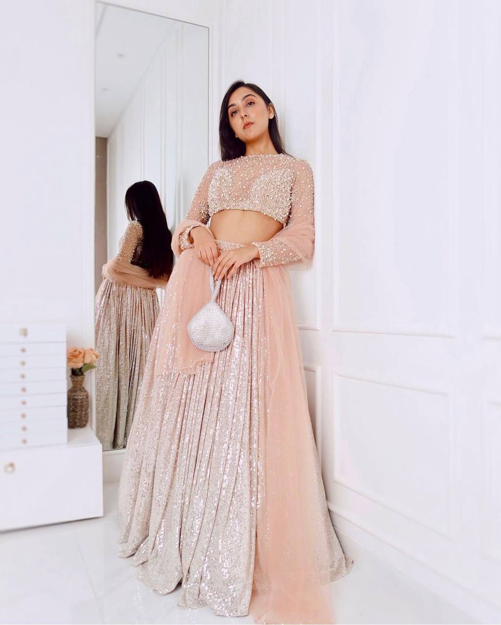 Peach silver fully stitched lehenga