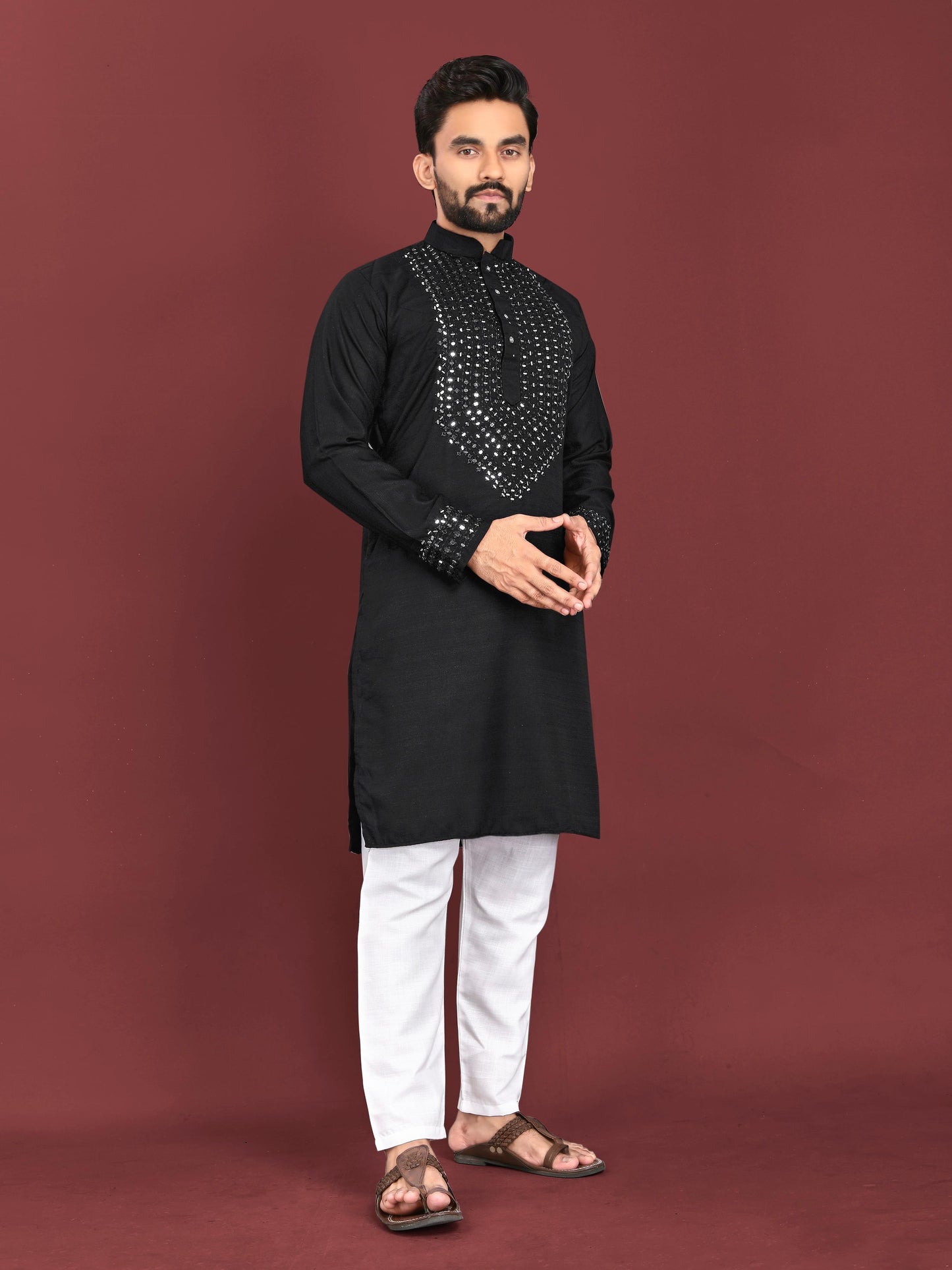 Men's Unique Exclusive Kurta with Real Mirror Neck Work with Cotton Pajama