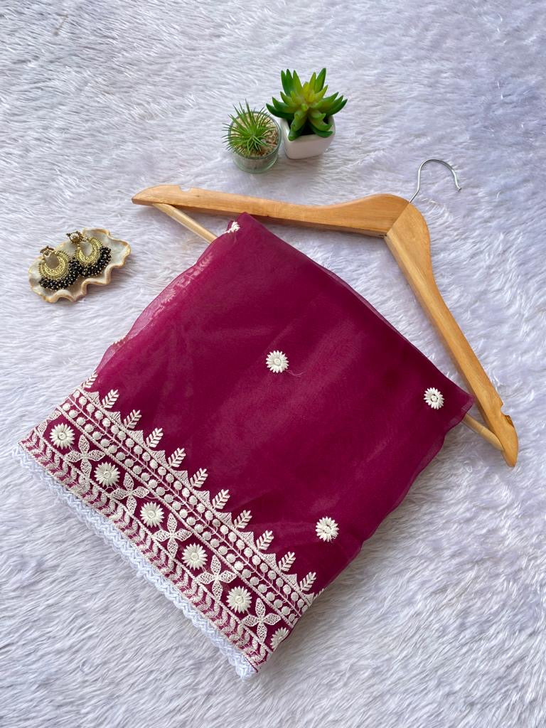 Organza wine saree with stitched blouse