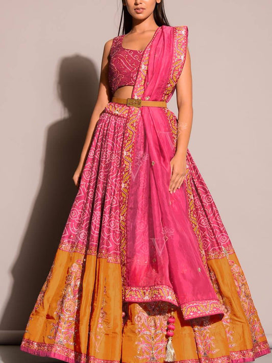 Pink and Orange Bandhani Style Soft Silk Lehenga with Minimal Work Fully Stitched