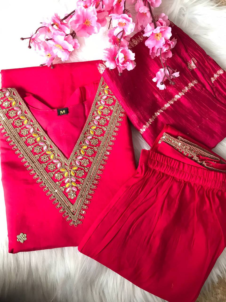 Rani Pink Premium Suit with Pant and Dupatta