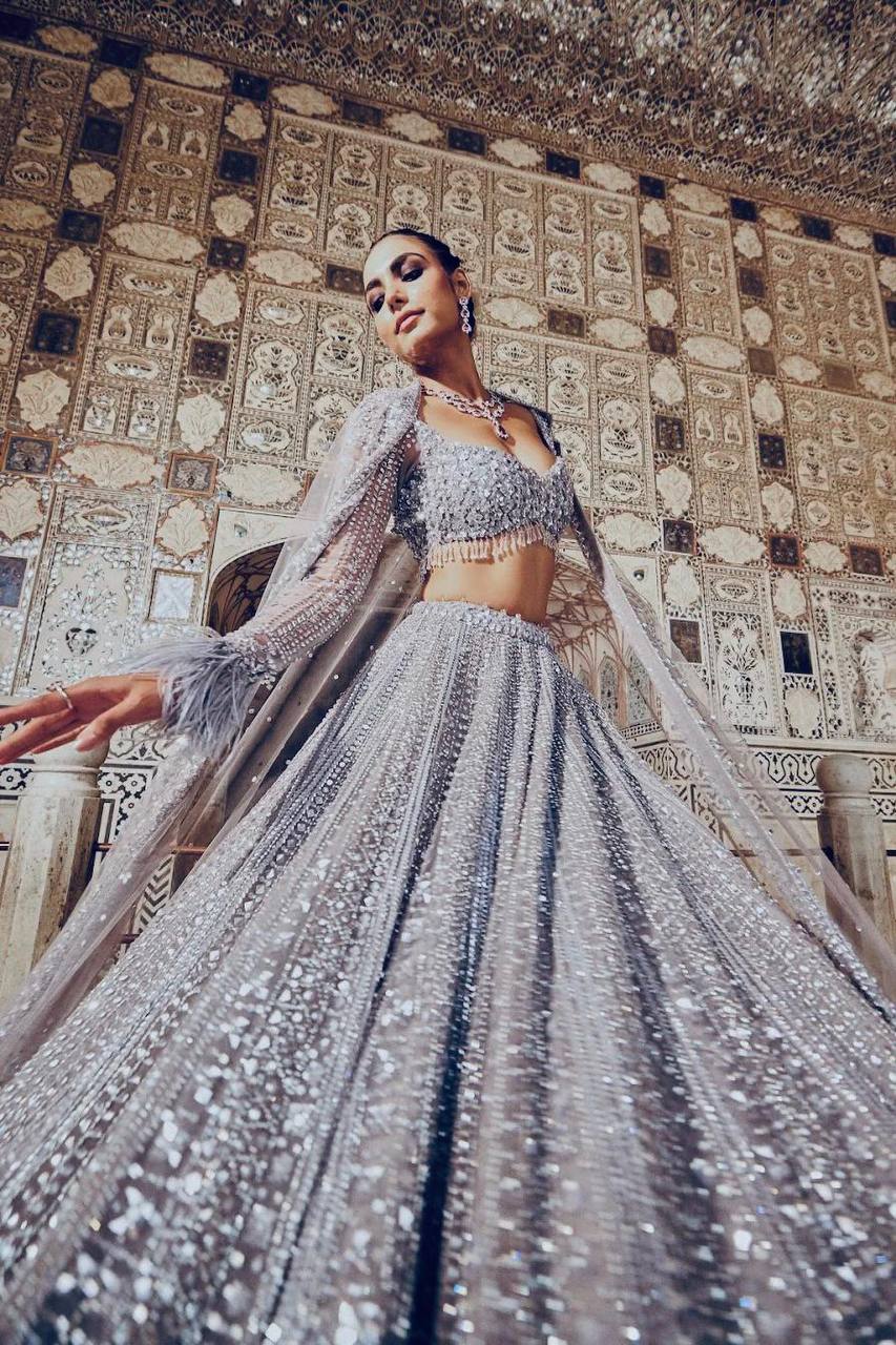 Premium Shimmer Silk Grey Lehenga Fully Stitched