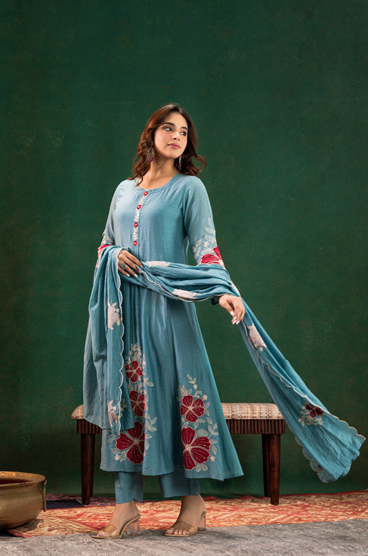 Sea Blue Chanderi Silk Flairer Kurti Set Fully Stitched