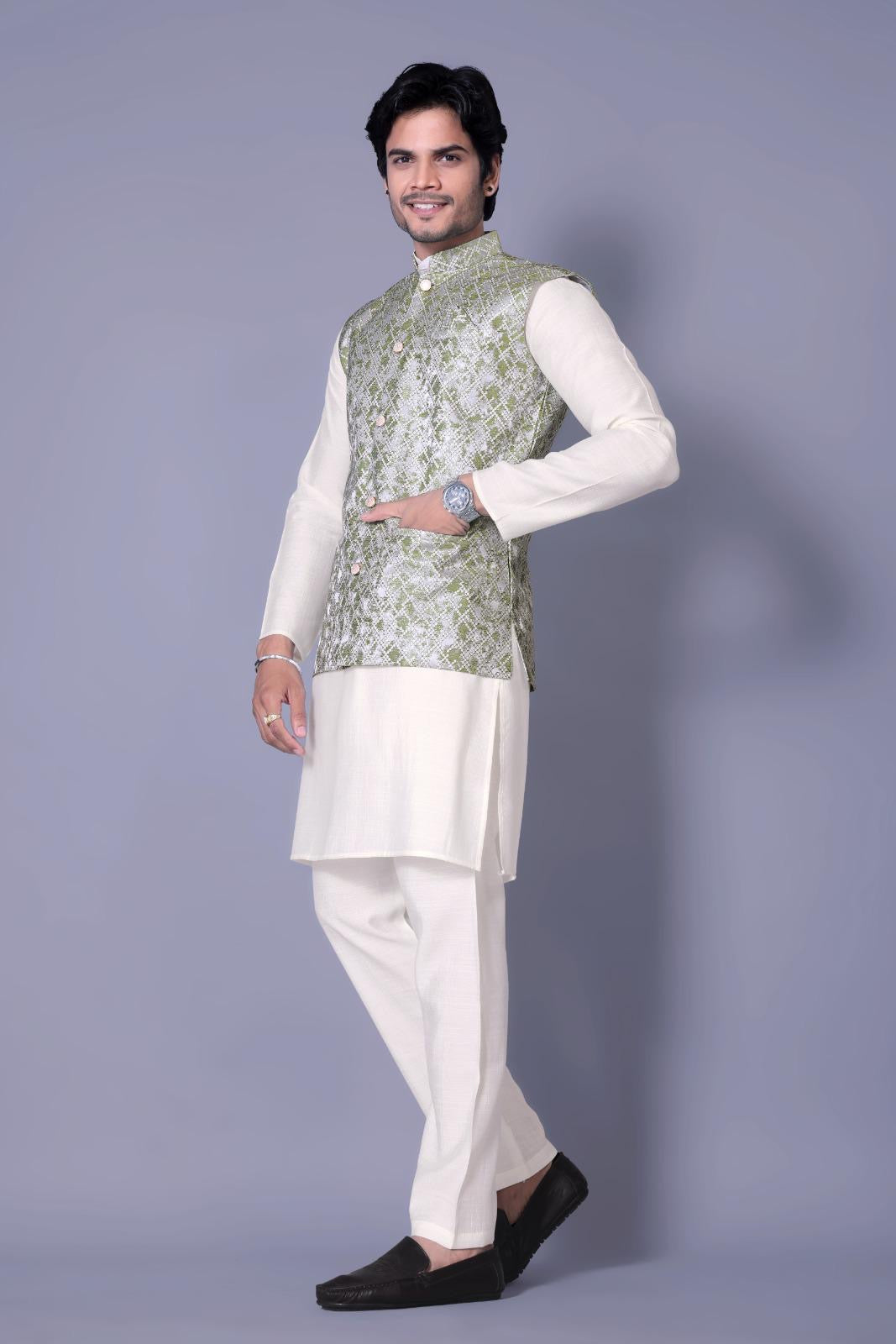 Traditional Indian Koti Kurta Set for Men - Mehendi Colour