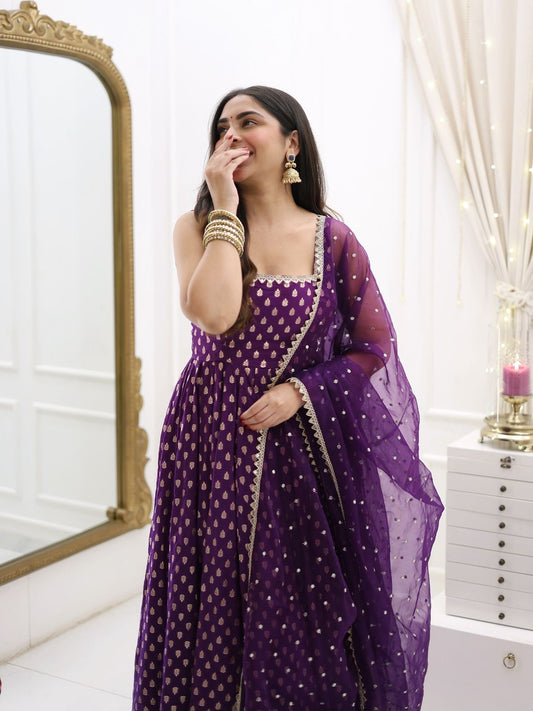 Purple Jacquard Silk Butti Weaving Premium Anarkali Suit with Net Dupatta and Pant