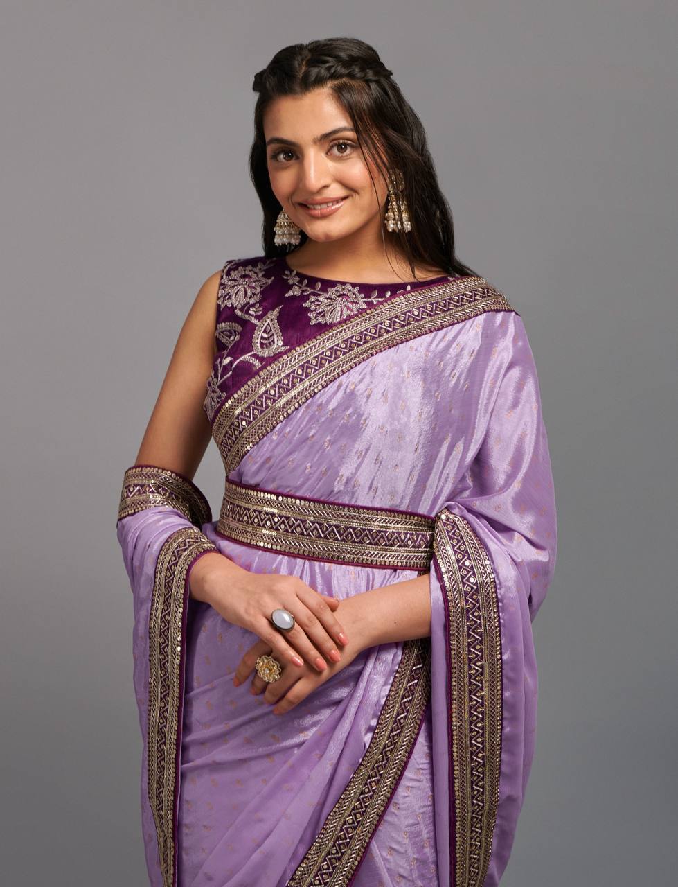 Premium Lavender Chinon Saree with fully stitched Blouse
