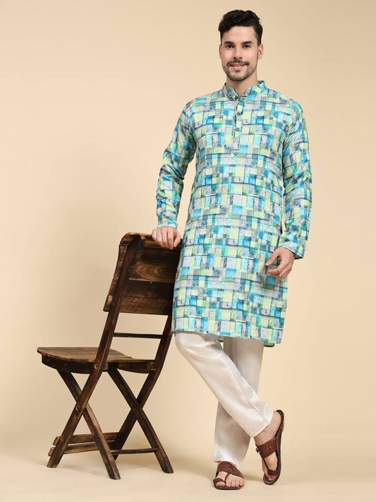 Green Men's traditional sequins work & print cotton kurta with pajama