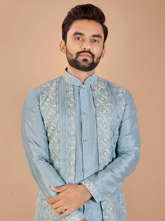 Pastel blue Men's Indo western style koti kurta with pajama