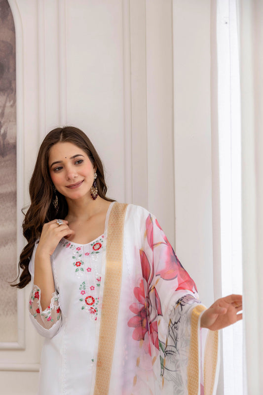 Soft Chanderi Silk White Fully Stitched Kurti Set