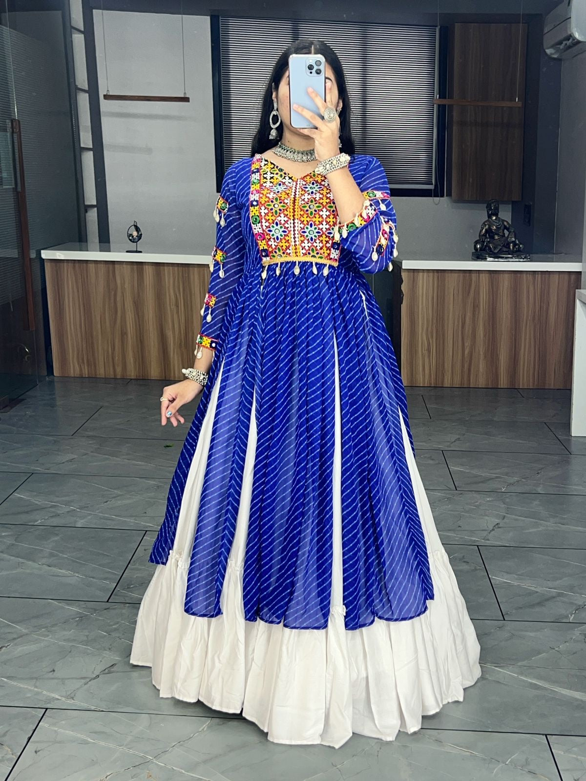 Royal Blue Navratri Special Indo Western Chaniya Choli Leheriya Print and Hand work S Royal Blue Navratri Special Indo Western Chaniya Choli Leheriya Print and Hand work S
