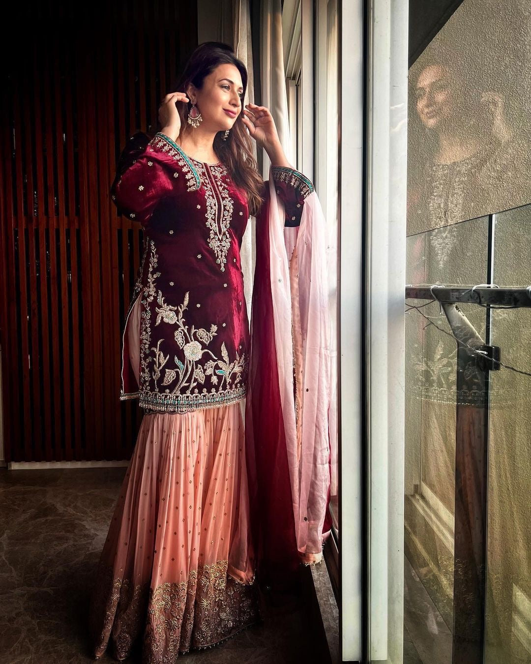 Maroon Velvet and Georgette Sharara Suit fully stitched