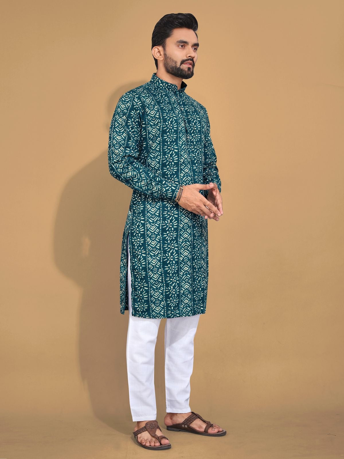 Soft & Comfy Cotton With Foil Print Men's Kurta with Cotton Pajama