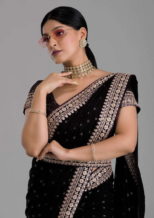 Chinnon Black saree with fully stitched blouse