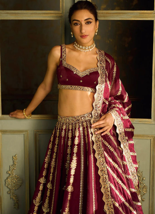 Kasturi Silk Maroon Premium Embroidered Lehenga Fully Stitched