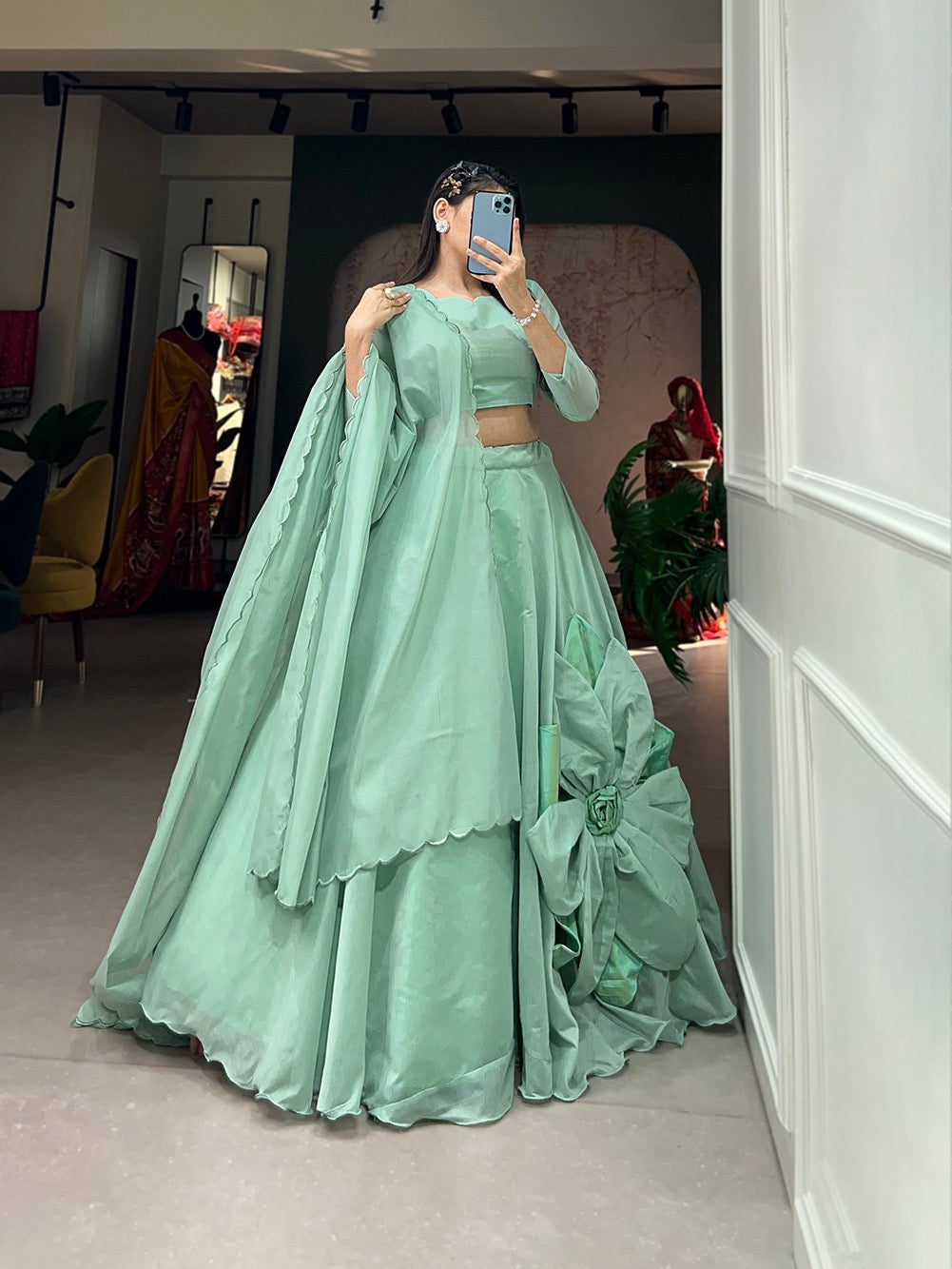 Pastel Green Chanderi silk Handmade Flower Lehenga