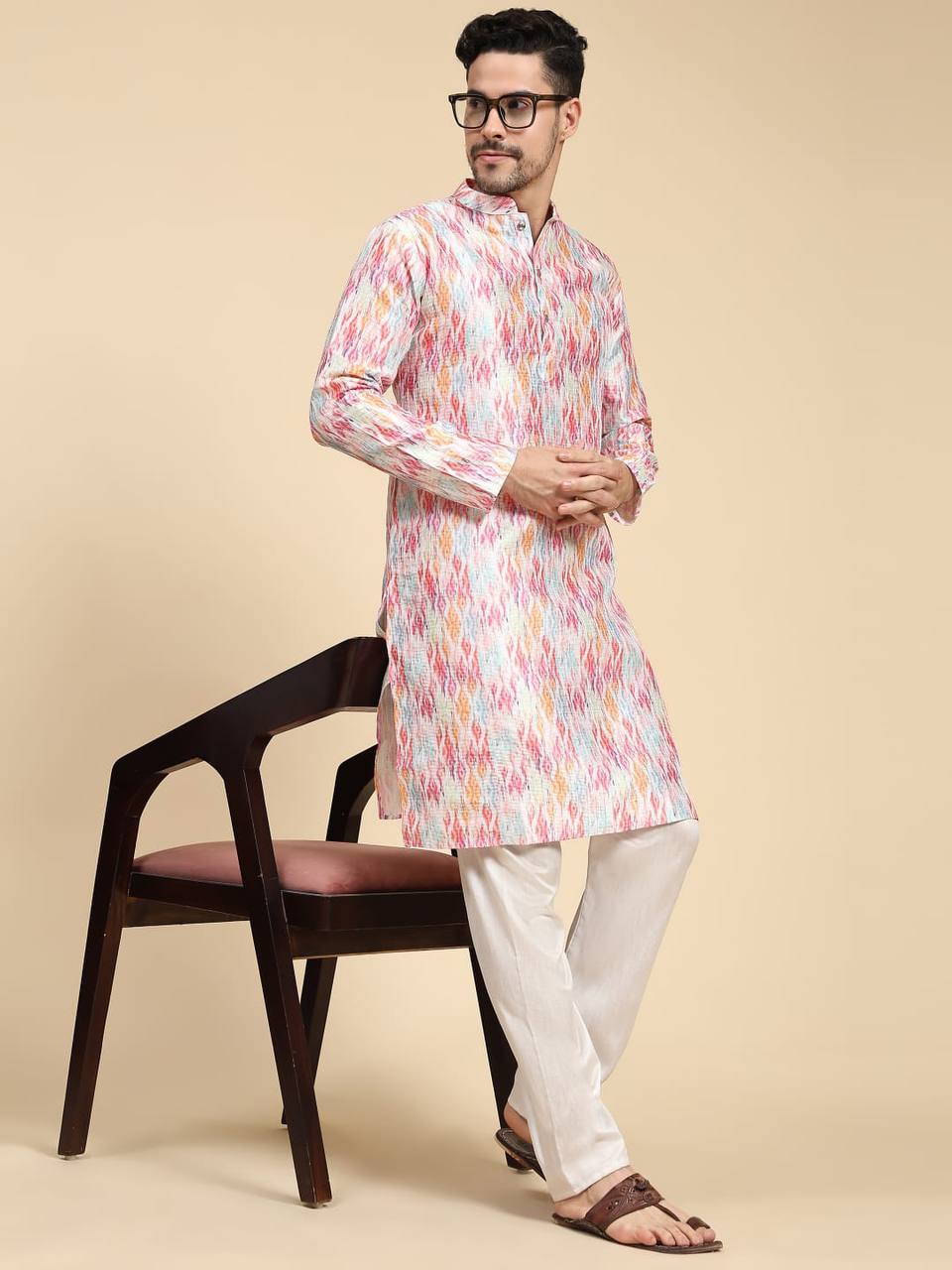 Abstract pattern Men's traditional sequins work & print cotton kurta with pajama