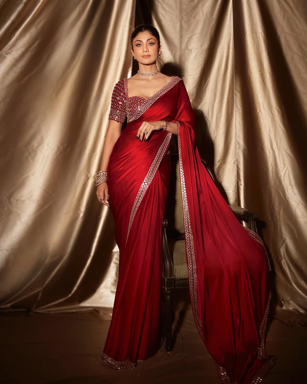 Red Bollywood Style Partywear Saree with Original Mirror Work and Embroidery