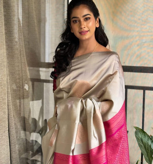 A Grey and Pink Kanjivaram style kubera pattu saree with blouse