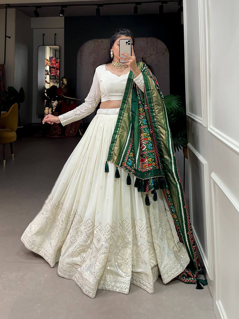 Navratri Special Off white Mirror Work Lehenga in 2 Beautiful Colours