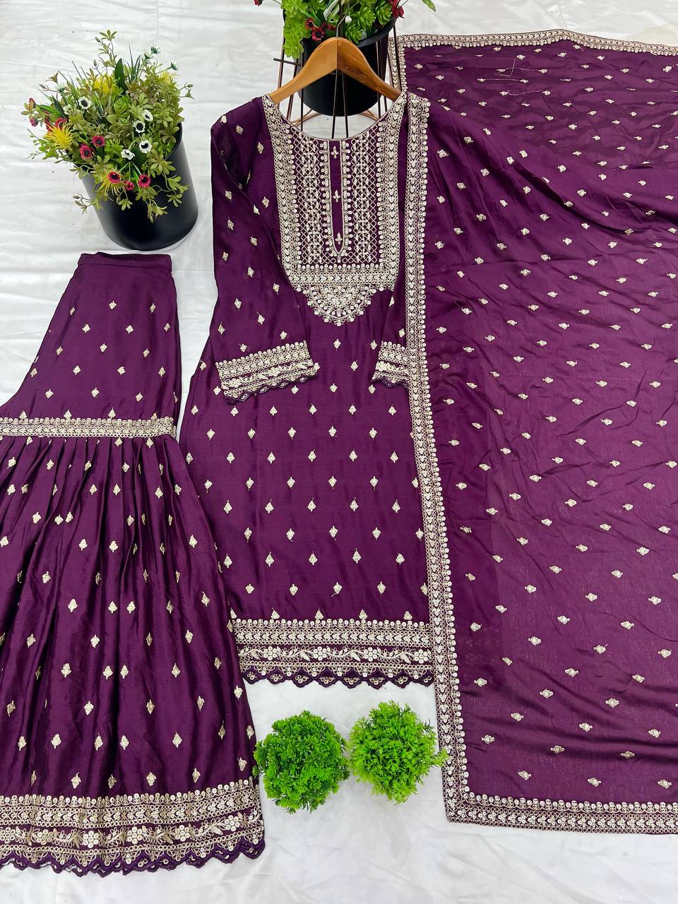 Embroidered & Butti Work Purple Sharara Set Fully Stitched