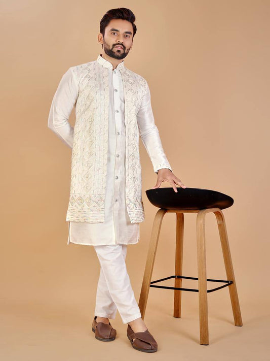 Off white Men's Indo western style koti kurta with pajama