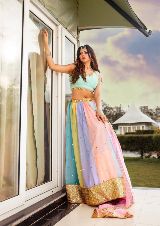 Premium Pastel Rainbow fully stitched lehenga