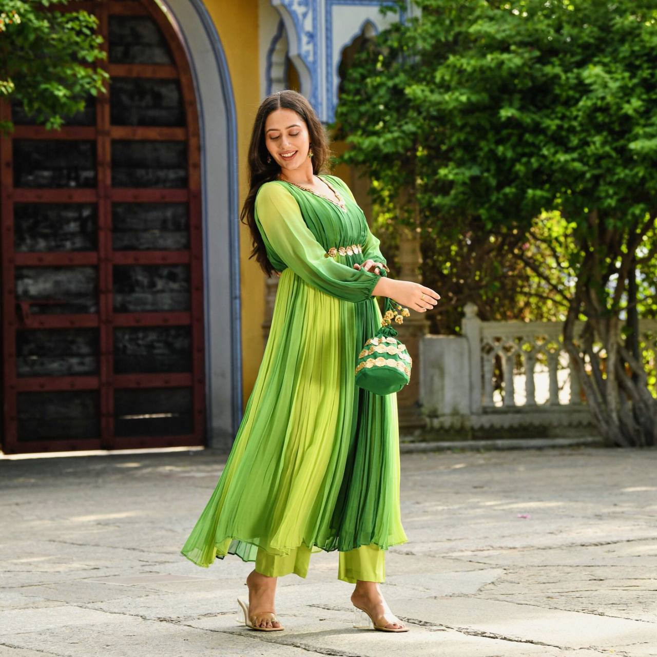 Parrot Green georgette gown readymade