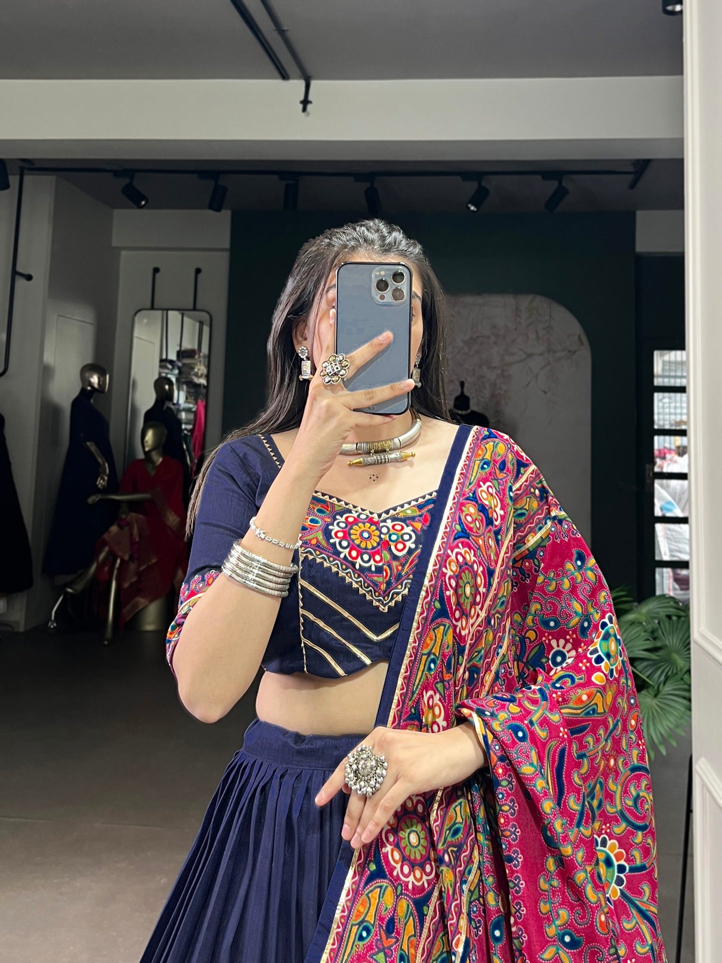 Gamthi Print and Embossed Lace Silk Chaniya Cholis for Navratri Fully Stitched