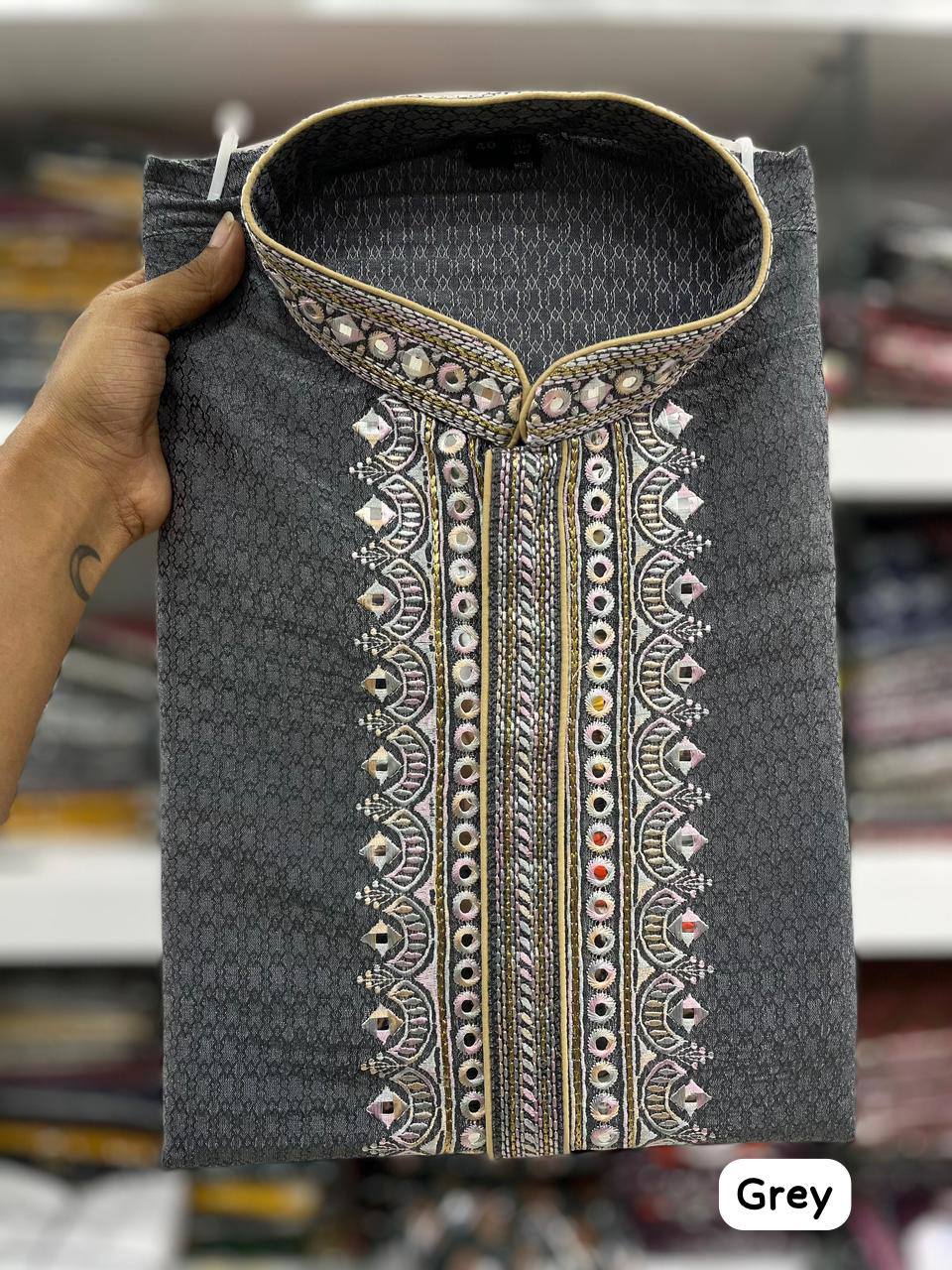 Grey Men's premium cotton jacquard kurta with embroidery at neck with pajama